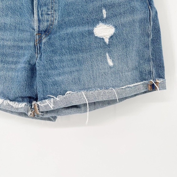 Levi's 501 Shorts Long Short Distressed Button Fly Jean Sz 30 Blue Cuffed Hem - Picture 3 of 10